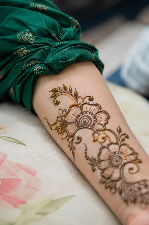 guest outfit mehndi ceremony fabric close up showing wet henna paste near sleeve