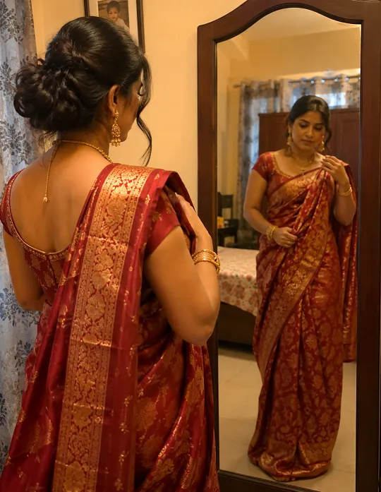Indian woman adjusting the pallu of a traditional red silk saree in front of a bedroom mirror while getting ready, showing the natural draping style of a traditional saree.