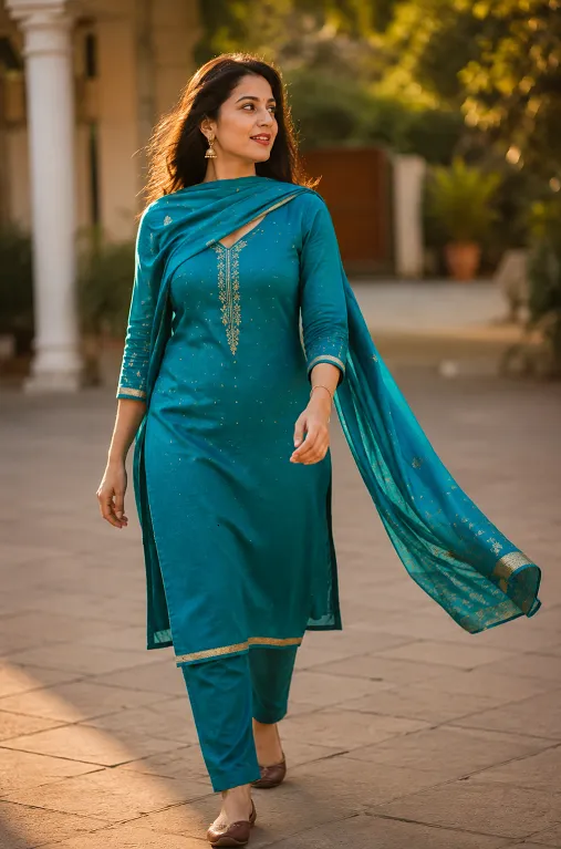 Woman walking comfortably in a straight cut Punjabi salwar suit at a festive event