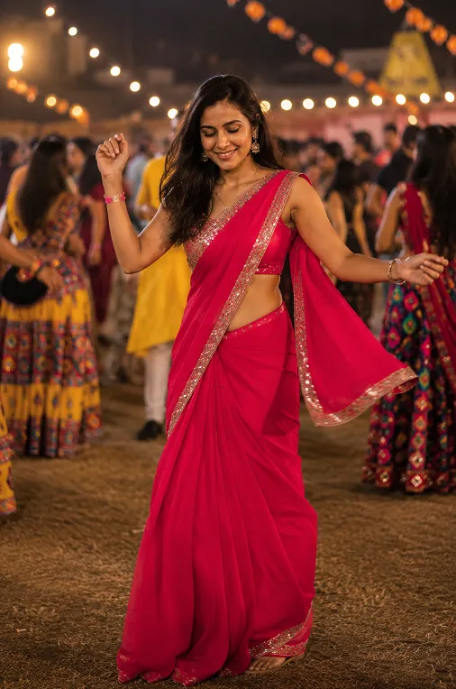 Young Indian woman dancing at a Navratri Garba event while wearing a pre stitched georgette saree with neatly stitched pleats that stay in place during movement.