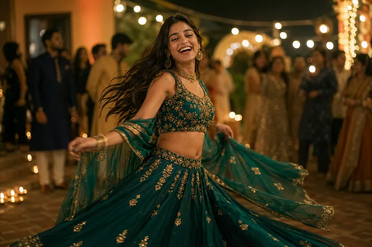 Young woman dancing in georgette lehenga at Diwali party evening