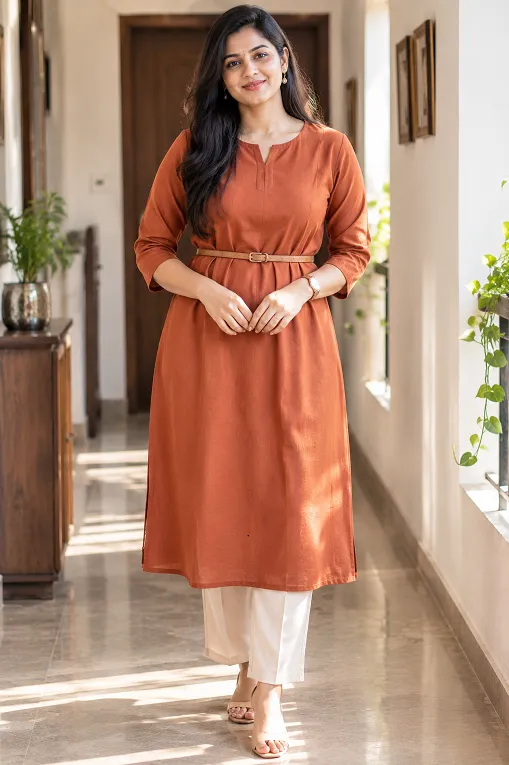 belted straight-cut kurti styled for a rectangle body shape