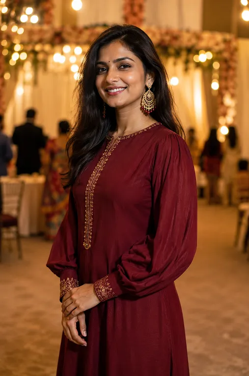 Voluminous bishop sleeve kurta with fitted cuff for formal arm coverage