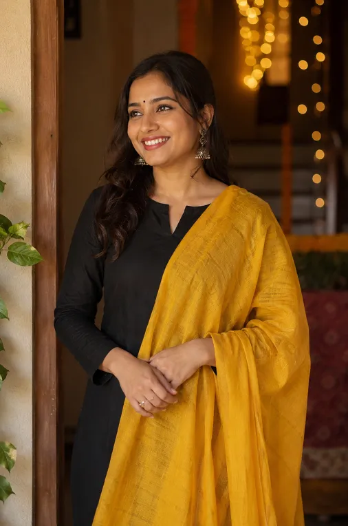 Contrast dupatta styling for plain black kurti with a marigold yellow dupatta