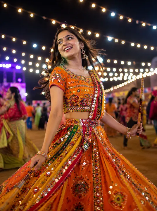 Woman wearing a boat neck choli at Navratri styled for a heart-shaped face