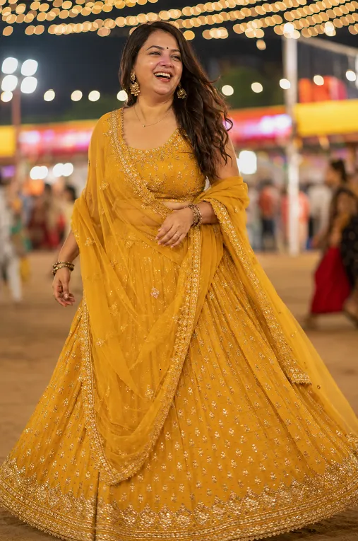 curvy woman in bold marigold lehenga with evenly balanced embroidery