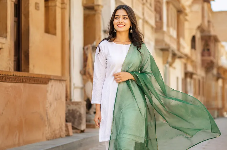 Contrast dupatta options for plain white kurti shown with a bottle green organza dupatta and white pants