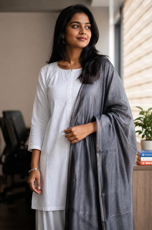 Charcoal grey chanderi dupatta styled with a plain white kurti for office wear