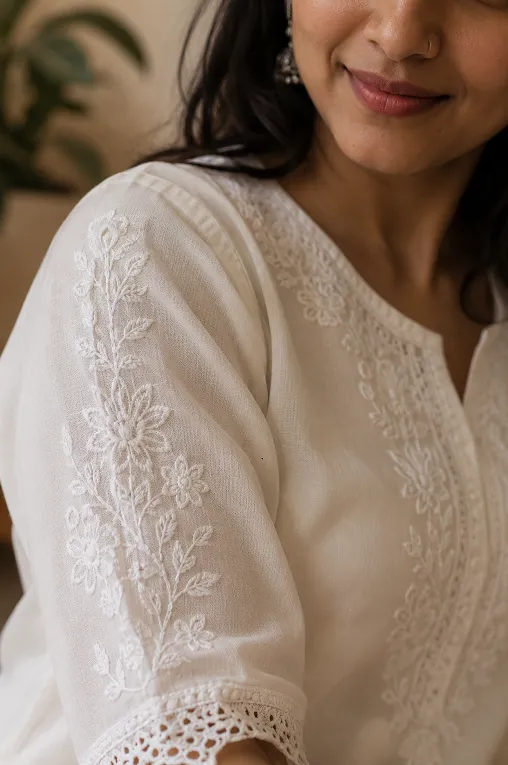 close up of chikankari embroidery on a well fitted kurti sleeve