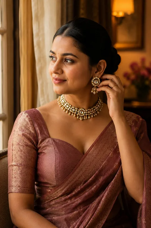 Choker necklace paired with a saree blouse neckline for jewellery styling