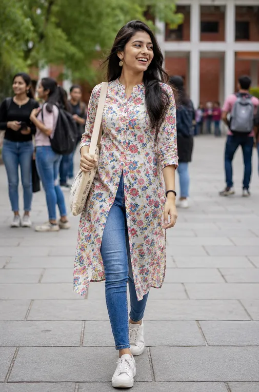 college student wearing a bright print front slit kurti with jeans and sneakers