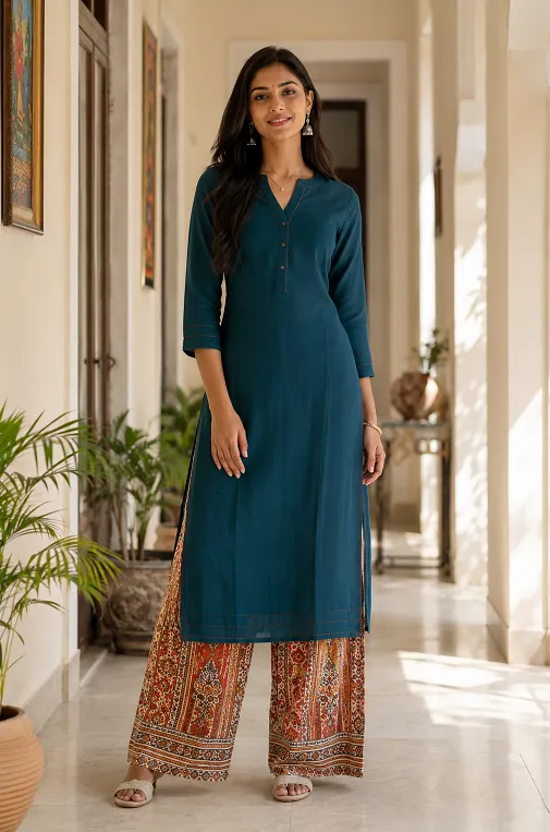 solid kurti paired with a printed pant to colour block for a tall frame