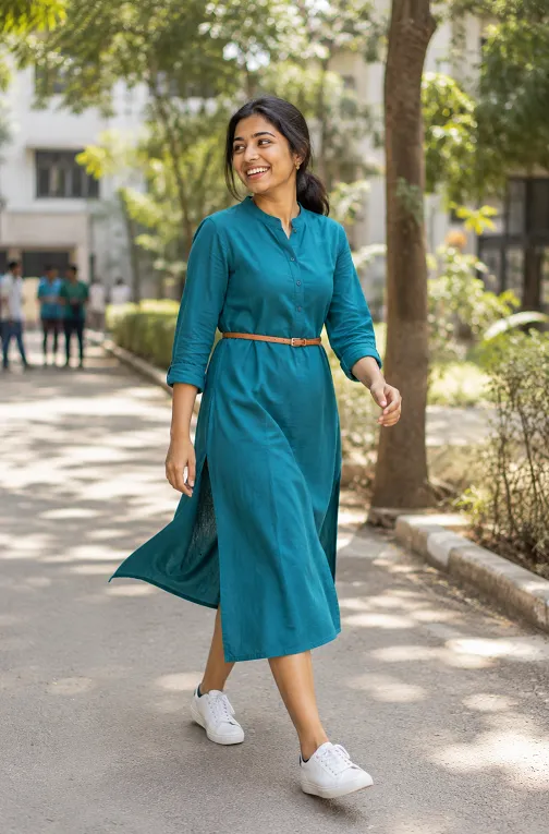 cotton kurti worn as a belted dress for summer styling