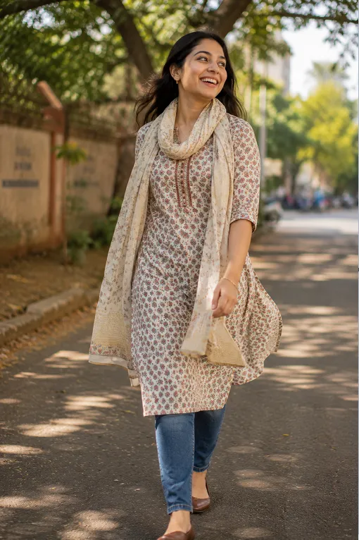 cotton kurti with dupatta draped casually like a stole for summer
