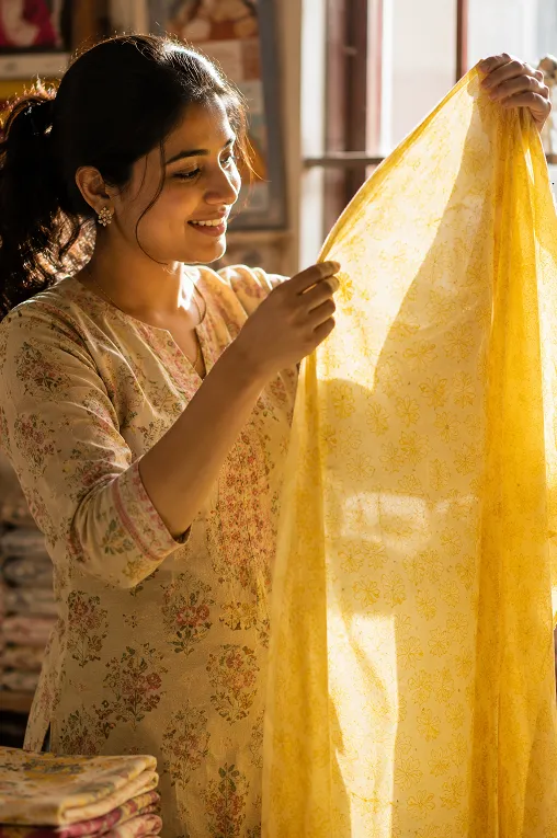 cotton kurti for summer fabric held up to light showing open weave