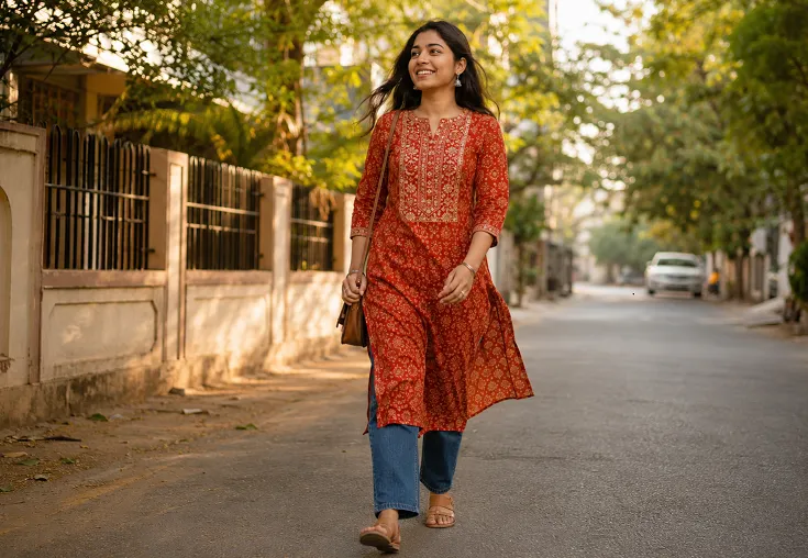 cotton kurti with straight fit jeans styled for summer
