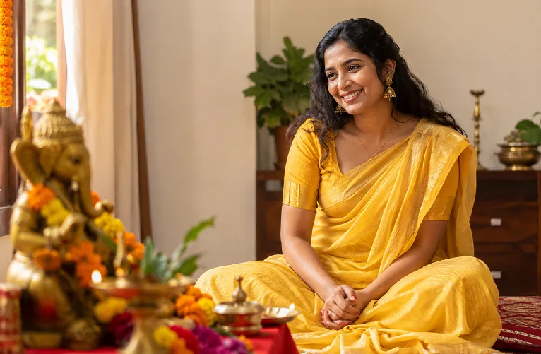 Woman in cotton-silk saree for Ganpati sthapana morning puja