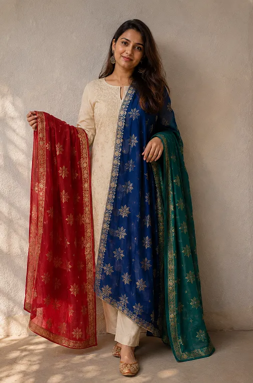versatile cream kurta set styled with different colour dupattas for navratri