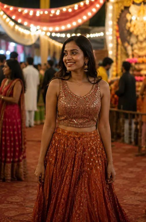 Crop top and long skirt fusion look styled for Ganesh Chaturthi