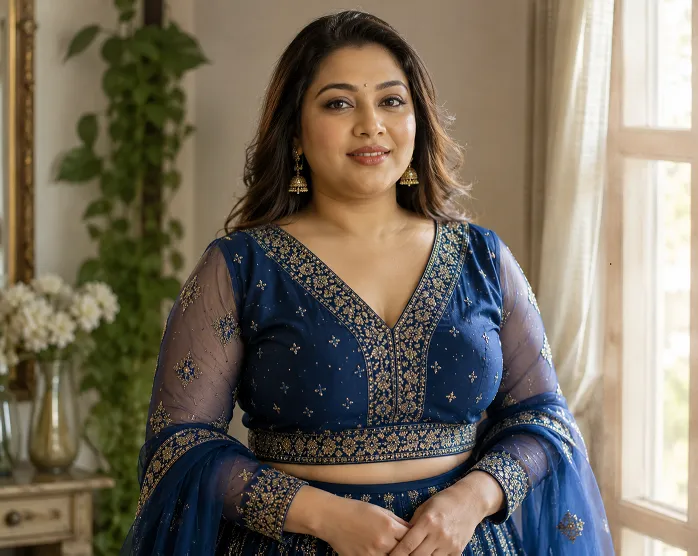deep V-neck choli with full sleeves styled for a curvy lehenga look