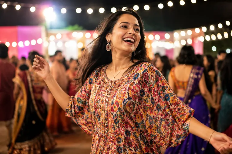 Woman wearing a dolman sleeve kurti at a festive Navratri evening