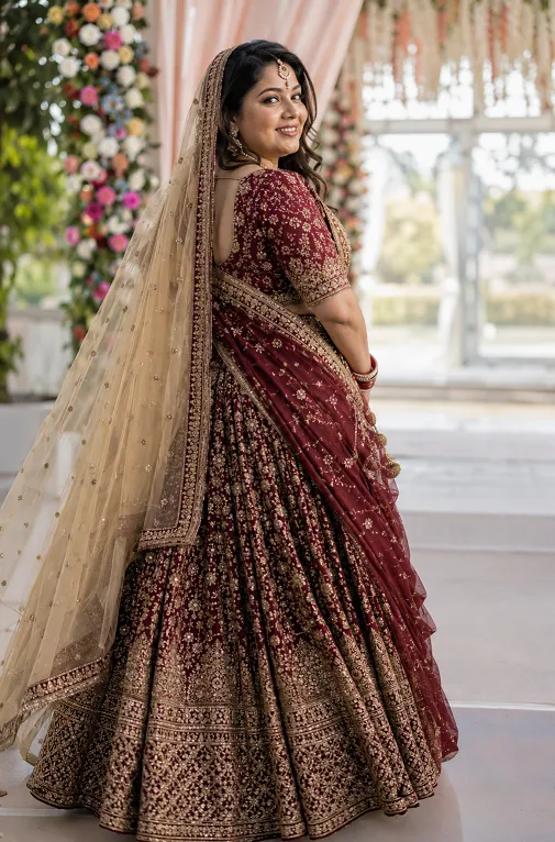double dupatta draping technique on a lehenga for a curvy figure