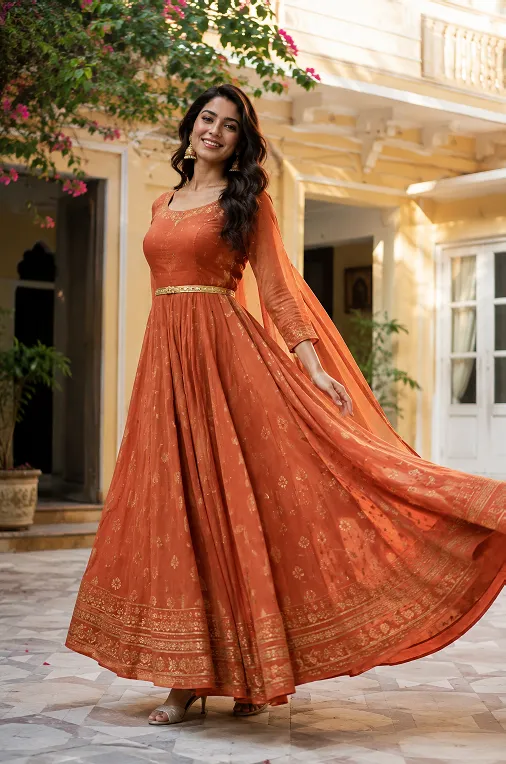Tall Indian woman in belted Anarkali showing ethnic wear for tall women styling