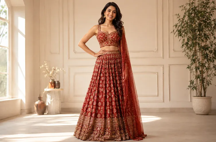 Tall Indian woman in high-waisted lehenga demonstrating ethnic wear for tall women