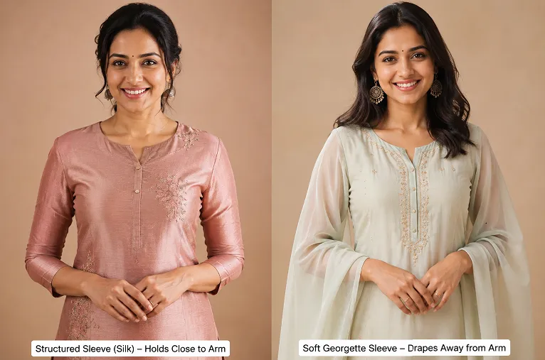 Comparison of stiff silk sleeve versus soft georgette sleeve drape on the arm
