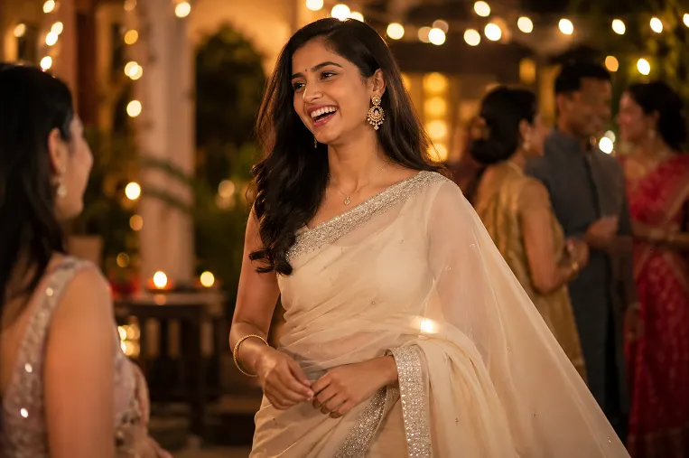 confident woman wearing a finished stitched ready to wear saree at a festive gathering