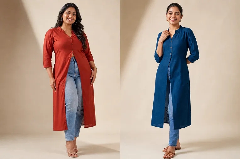 two body types styled with different slit heights on long kurtis