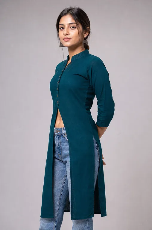front slit kurti slit height marked at natural waistline with jeans