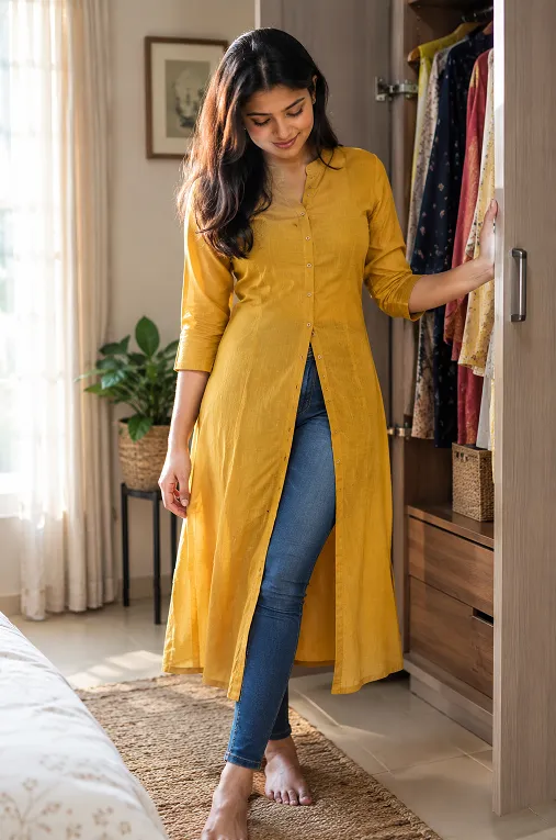 young Indian woman styling a front slit long kurti with jeans in her bedroom