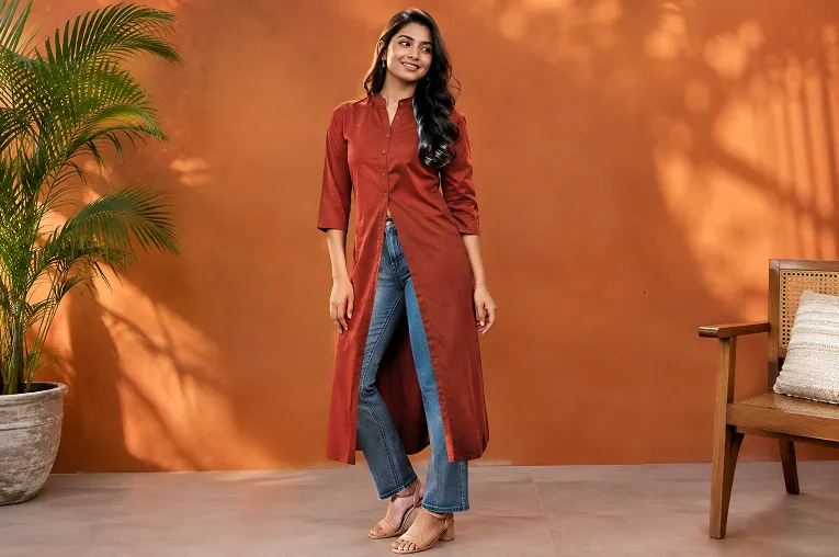 front slit long kurti with jeans styled with heels