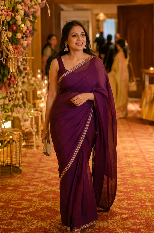 georgette saree paired with a petticoat that holds its pleats through a long event