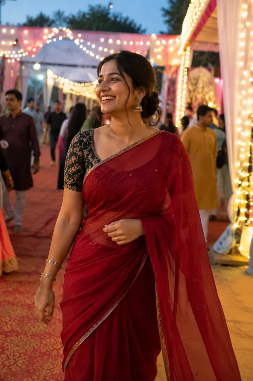 Ganesh Chaturthi outfit ideas for evening pandal hopping in a georgette saree