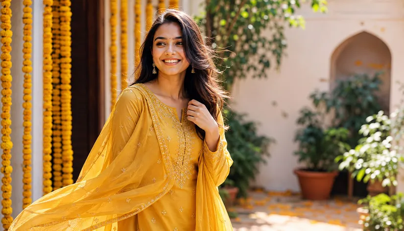 woman in yellow haldi ceremony outfit wearing georgette kurta set