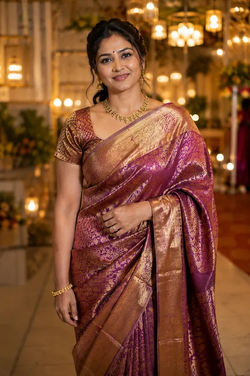 heavy silk Kanjeevaram saree structured pleats indoor