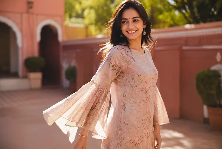 Woman gracefully hiding arms in ethnic wear with a loose bell sleeve kurta