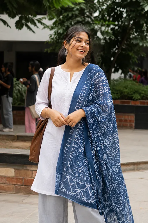 Indigo block-print dupatta styled with a plain white kurti and grey palazzo