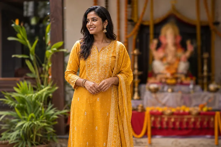 Cotton kurta set with palazzo pants styled for all-day Ganesh Chaturthi comfort