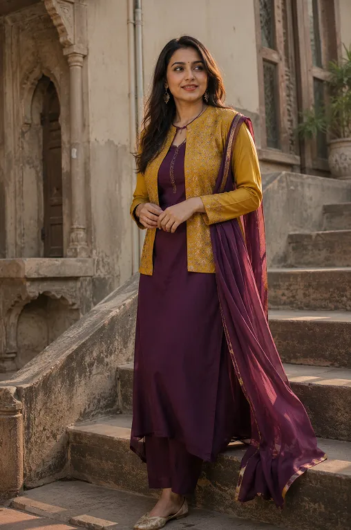 layered jacket over straight kurta for rectangle body shape styling