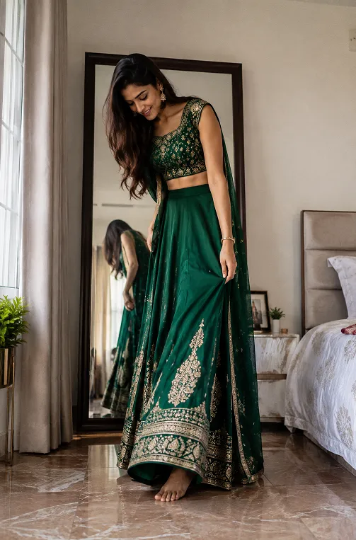 Tall Indian woman checking lehenga hemline length before buying floor length ethnic wear