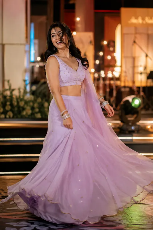lightweight single-layer georgette lehenga moving freely while dancing at a sangeet