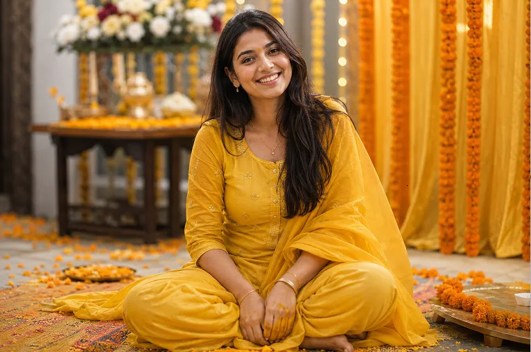 woman with loosely draped dupatta and light jewellery at haldi function