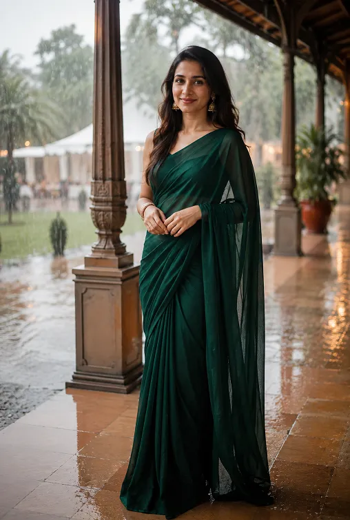 monsoon wedding guest outfit in a dark georgette pre-draped saree