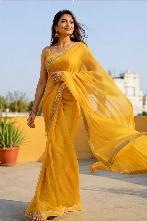 mustard yellow saree pallu draped and catching light for haldi function
