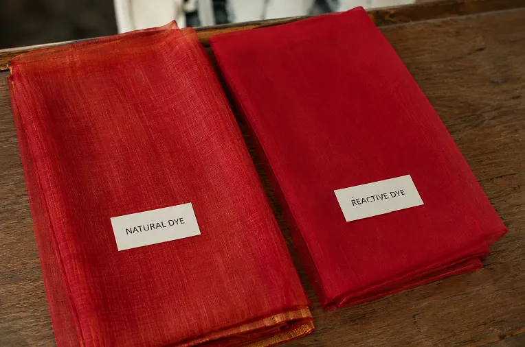 close up of natural dye vs chemical dye saree fabric texture comparison