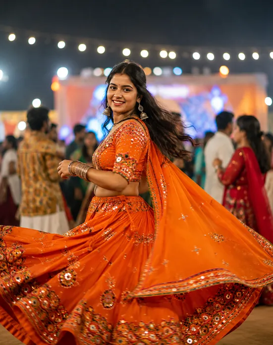 woman in orange chaniya choli dancing garba on Navratri day 1