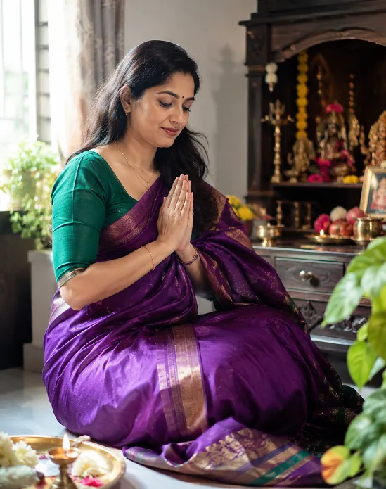 woman in purple saree for Navratri Saraswati days